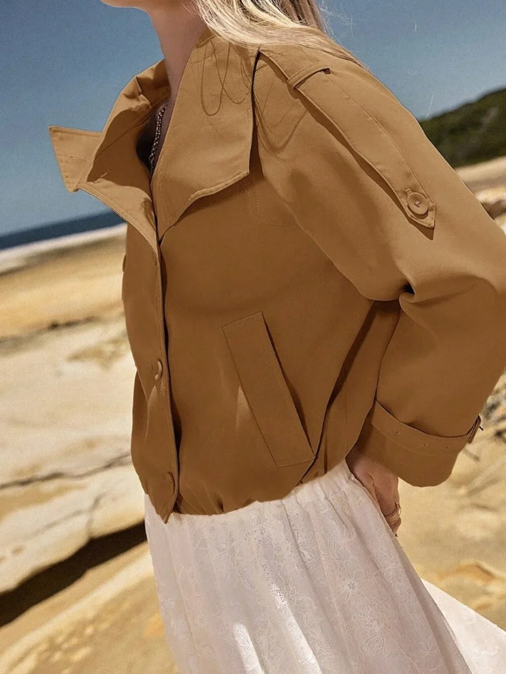 Camel Casual Women's Double-Breasted Short Trench Coat
